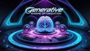 A futuristic, high-tech illustration of Generative Engine Optimization (GEO) depicted in a mesmerizing, cyberpunk-inspired setting. In the center, a stylized, 3D representation of a brain, symbolizing the engine, is surrounded by orbiting gears, cogs, and microchips, conveying the idea of optimization and machine learning.