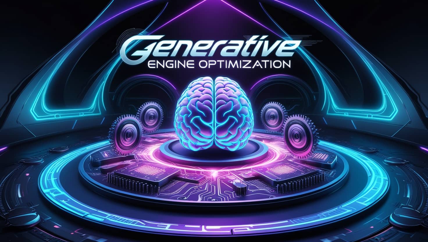 A futuristic, high-tech illustration of Generative Engine Optimization (GEO) depicted in a mesmerizing, cyberpunk-inspired setting. In the center, a stylized, 3D representation of a brain, symbolizing the engine, is surrounded by orbiting gears, cogs, and microchips, conveying the idea of optimization and machine learning.